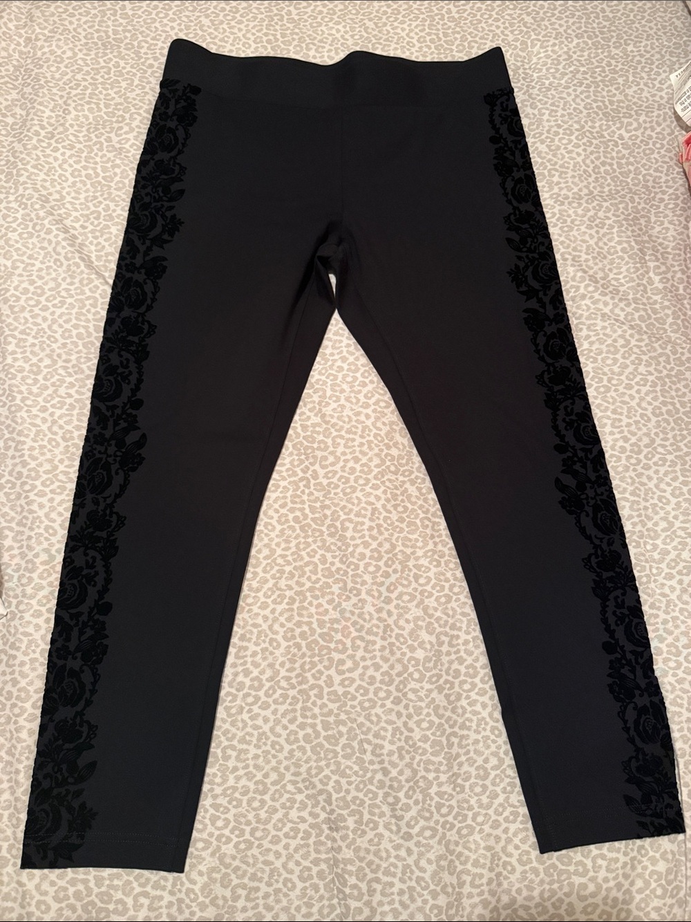 Ann Taylor Factory Black Leggings with Velvet Floral Side Panels